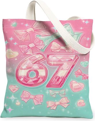 Generic Cute Bows Canvas Tote Bags, Playful Heart Pattern Reusable Shopping Bags, Lightweight Washable Shoulder Strap Canvas for Tr, Peach, 13x15 Inch
