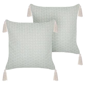 Beliani Conjunto De 2 Cojines Verde Menta Beige 42 X 42 Cm Poli&eacute;ster Borlas Relleno Hakone