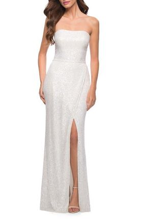 La Femme Simple Sequin Strapless Dress with Faux Wrap Skirt in White at Nordstrom, Size 12