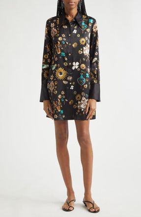 Camilla Amulets & Alchemy Print Long Sleeve Silk Satin Shirtdress in Amulets And Alchemy at Nordstrom, Size X-Small