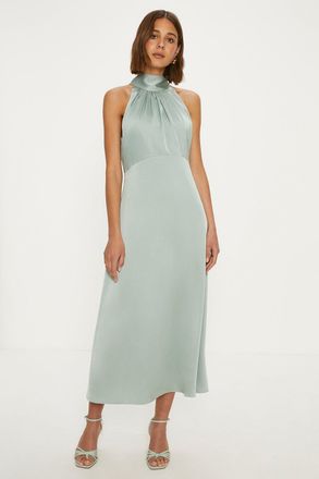Oasis Womens Satin Halter Neck Midi Bridesmaids Dress - Sage Green material_polyester - Size 16 UK