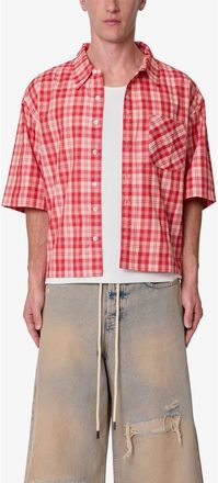 mnml Plaid Crop Short Sleeve Cotton Flannel Button-Up Shirt in Red at Nordstrom, Size Xx-Large