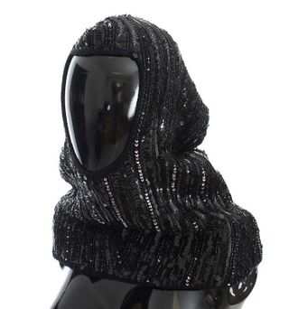 Dolce & Gabbana Womens Black Knitted Sequin Hood Scarf Hat Wool