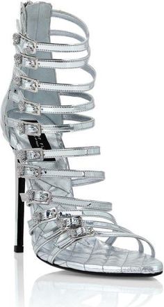Philipp Plein Mirror Leather Sandals High Plein Heels Skull Women in Silver at Nordstrom, Size 41