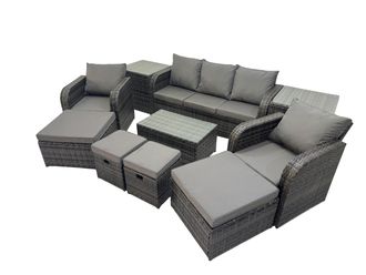 Fimous Outdoor Garden Rattan Furniture Set 9 Seater with 4 Stool 2 Side Table in Dark Grey