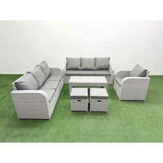 Fimous 9 Seater Poly Rattan Outdoor Garden Furniture Oblong Coffee Table Sofa Set Patio 3 Seater Sofa Reclining Chair 3 Seater Sofa Stools Side Table Light