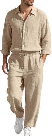 Generic Mens Tracksuit V Neck Long Sleeves Cotton and Linen Set 2 Pieces Suit Shirt with Buttons Jogging Pants Hawaiian Y2K Streetwear Gym Beach Holiday Medie