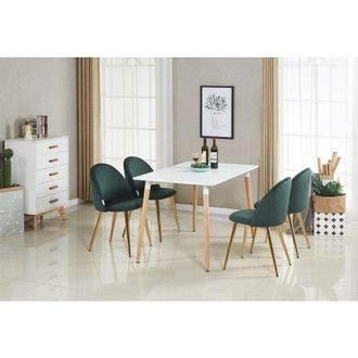 Life Interiors Life Interiors - Halo Lucia Dining Set - Mesa de comedor de madera blanca y juego de 4 sillas de comedor de terciopelo verde - Comedor Cocina