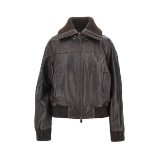 Pinko Pinko - Bluma Leren Bomberjack - Heren - Jassen - Bruin - Maat: XS Wol