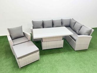 Fimous 8 Seat Rattan Garden Furniture Corner Sofa Set with Footstool in Light Grey