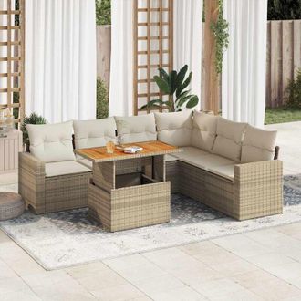 vidaXL Vidaxl - Set Sof&aacute;s De Jard&iacute;n 7 Piezas Y Cojines Rat&aacute;n Sint&eacute;tico Beige