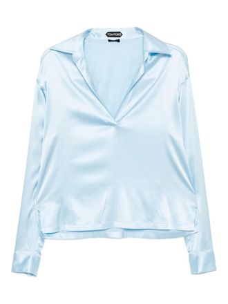 Tom Ford logo-embroidered satin polo top - Blue