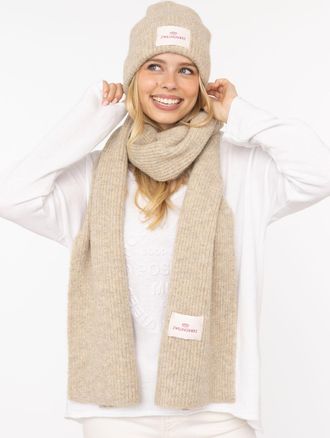 Zwillingsherz Strickm&uuml;tze ZWILLINGSHERZ Zwillingsherz Patch, Damen, beige, Strick, Materialmix, unifarben, M&uuml;tzen Strickm&uuml;tze, gerippt, mit Wolle und Umschlag, mit 