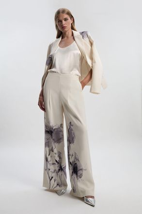 Karen Millen Womens Floral Placement Print Tailored Crepe Pleat Detail Wide Leg Trousers - Multicolour - Size 12 UK