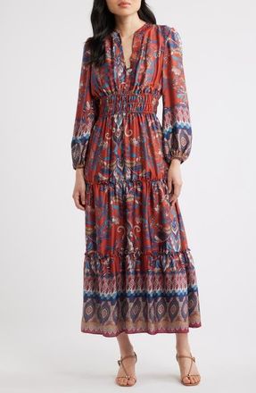 Julia Jordan Paisley Floral Long Sleeve Tiered Dress in Rust Multi at Nordstrom, Size 12