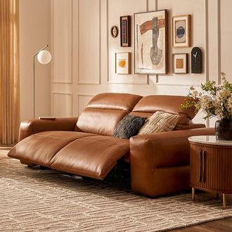 Castlery Modular Leather Wide Arm Dual Recliner Sofa with Feather Filled Seats - Brown | Jaron by Castlery