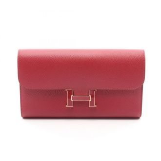 Herm&egrave;s Red Color Leather Long Wallet (Bi-Fold) (Pre-Owned)