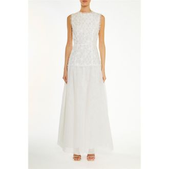 True Decadence Womens Jewel Neck Sleeveless Maxi Gown in White Beaded Lace - Size 12 UK