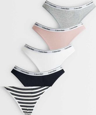 Calvin Klein Icon - Confezione da 5 perizomi neri, bianchi, grigi e rosa con logo-Multi