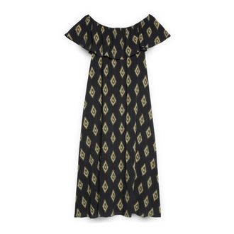 Fiorella Rubino Chill Jurk met Off-Shoulder Print - Dames - Avondkleed - Zwart - XS - Kleedjes