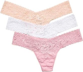 Hanky Panky Signature Lace(r) Low Rise Thongs 3-Pack Womens Underwear Meadow Rose Pink/Vanilla/White, Lace/Nylon