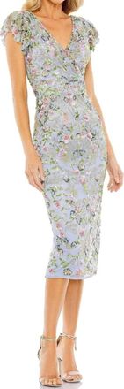 Mac Duggal Flutter Sleeve Beaded Dress In Slate Blue Multi