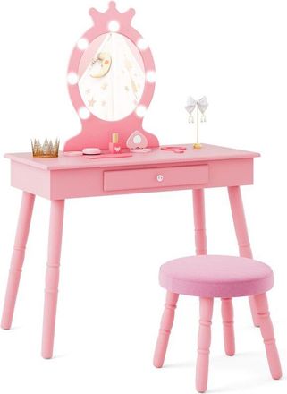 Costway Princess Vanity Table & Chair Set Kids Vanity Set w/Lighted Mirror-Pink