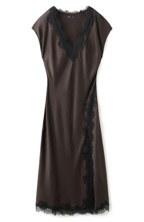 Mango Lace Trim Satin Maxi Dress in Brown at Nordstrom, Size 4