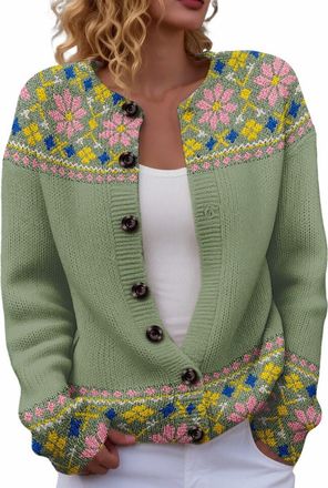 Generic Cardigans for Women UK Vintage Fairisle Jumpers for Women Lightweight Open Front Cardigan Casual Long Sleeve Button Down Sweaters Winter Warm Knitted 