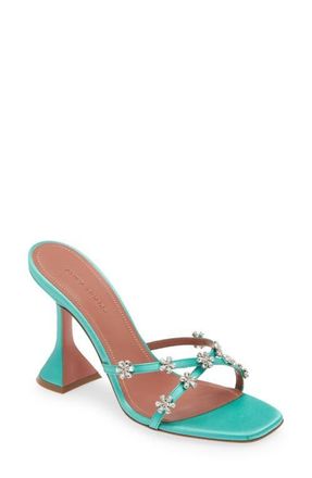 Amina Muaddi Lily Crystal Embellished Slide Sandal in Satin Caribbean at Nordstrom, Size 11Us