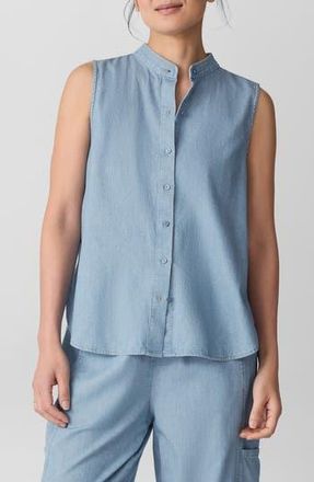 Eileen Fisher Sleeveless Band Collar Chambray Button-Up Shirt in Washed Indigo at Nordstrom Rack, Size Medium