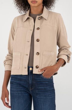 Kut from the Kloth Matilda Crop Faux Suede Trucker Jacket in Stone at Nordstrom, Size Small