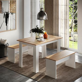 Vicco Conjunto Con Banco Esquinero Sentio, Roble Blanco/dorado, 112 X 73.6 Cm Con 2 Bancos