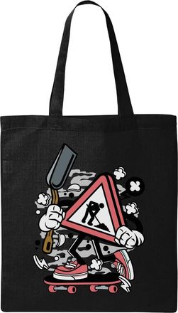 Generic Under Construction Street Sign Skater Shovel Art Natural Ecological Cotton Tote Bag Black