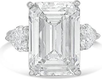 Diana M. Jewels Platinum Lab grown 6ct Emerald diamond ring with heart diamonds on the side and micropave band