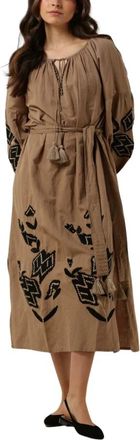 Summum Bohemian Maxi Jurk met Rijk Borduurwerk - Dames - Casual kleedjes - Bruin - XS - Linnen - Kleedjes