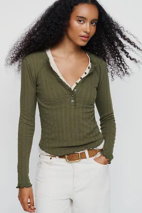 Pilcro Long-Sleeve Ruffled Lace-Trim Henley Top