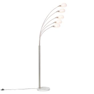 QAZQA Dise&ntilde;o L&aacute;mpara De Pie De Dise&ntilde;o De Acero Con Cristal Opalino De 5 Luces - Sixties Marmo M&aacute;rmol /acero /vidrio Alargada Adecuado Para Led Max. 5 X 25 W