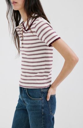 Mango Stripe Scallop Collar Polo in Burgundy at Nordstrom, Size X-Small