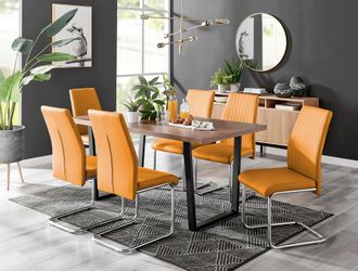 Furniturebox Kylo Large Brown Wood Effect Dining Table & 6 Lorenzo Faux Leather Chairs in Mustard