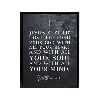 Artery8 Matthew 22 37 Jesus Love The Lord Bible Quote Framed Canvas Wall Art Print in Grey | Size: W24 x H32