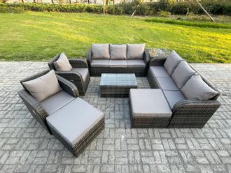 Fimous 10 Seater Rattan Outdoor Garden Furniture Sofa Set Patio Table & Chairs Set with 3 Seater Sofa Reclining Chair 2 Big Footstool 3 Seater Sofa