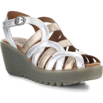 FLY London Lemy Platform Wedge Sandal in Silver/Sahara at Nordstrom, Size 10-10.5Us