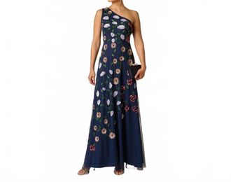 Adrianna Papell One-Shoulder Floral Garden Beaded Evening Gown In Navy Multi