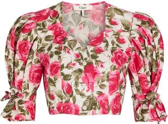 Chlo&eacute; Floral-print Cotton-poplin Cropped Blouse - Pink - 34 (UK6 / XS)
