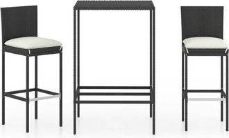 vidaXL Mesa y taburetes altos jardín y cojines 3 pzas ratán pe negro Vidaxl