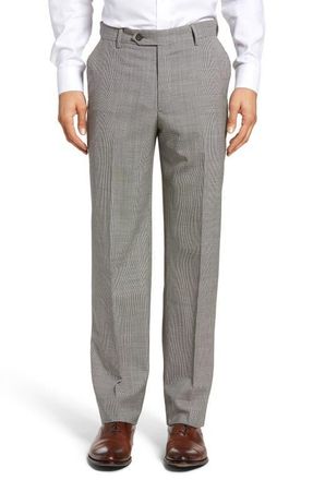 Berle Flat Front Houndstooth Wool Trousers in Charcoal at Nordstrom, Size 35 X Unhemmed