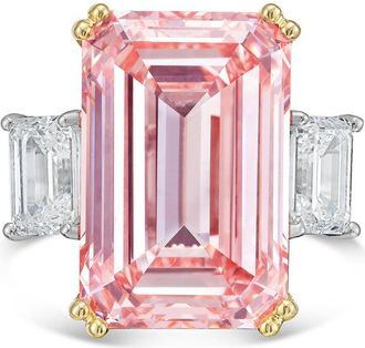 Diana M. Jewels 18kt Yellow gold Lab grown 10ct Fancy pink emerald diamond ring with emerald diamonds on the side and micropave band