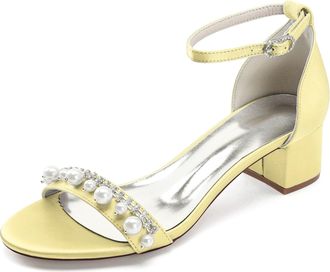 Generic Bridal Shoes Women Open Toe Pearl Block Heels Wedding Shoes Low Heel Chunky Heels Bridal Satin Heels Sandals 4.5Cm,Yellow,10 UK