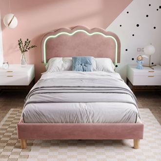 Merax 3FT Single Velvet Upholstered Bed with LED Adjustable Headboard in Pink